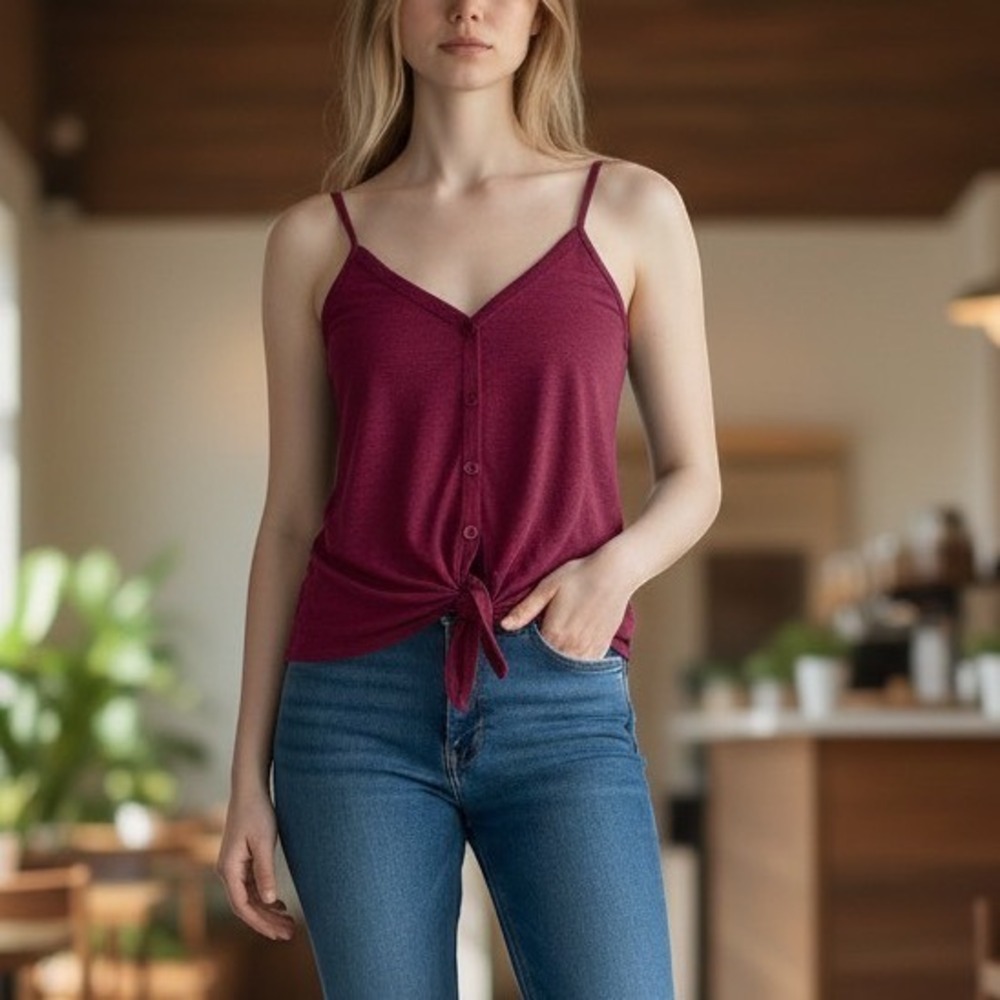 IVVIC Cami Tank Top Womens L 12-14 Burgundy Excellent Tie Front Button Up Boho